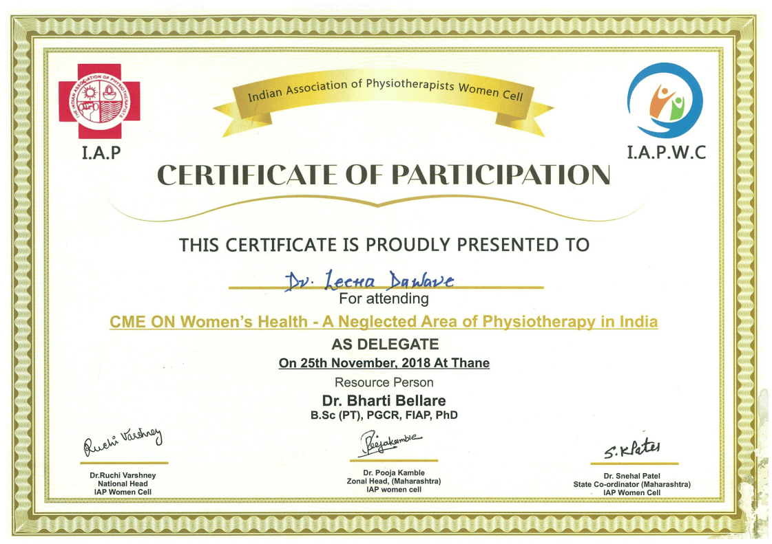 Certificate of attending CME on Women's Health - A Neglected Area of Physiotherapy in India