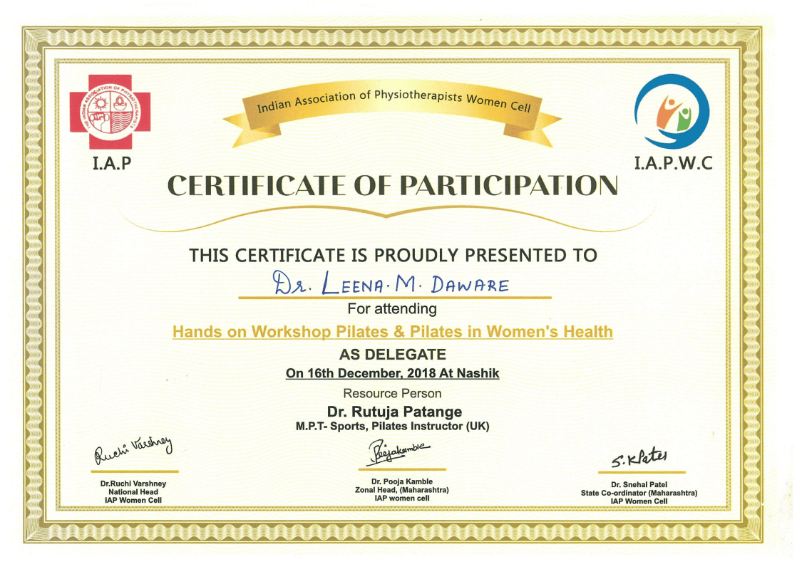 Certificate for completion of Hands on Workshop Pilates & Pilates in Women's Health