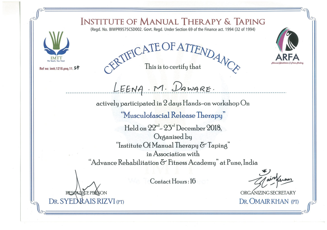 Certificate of completion - Musculofascial Release Therapy