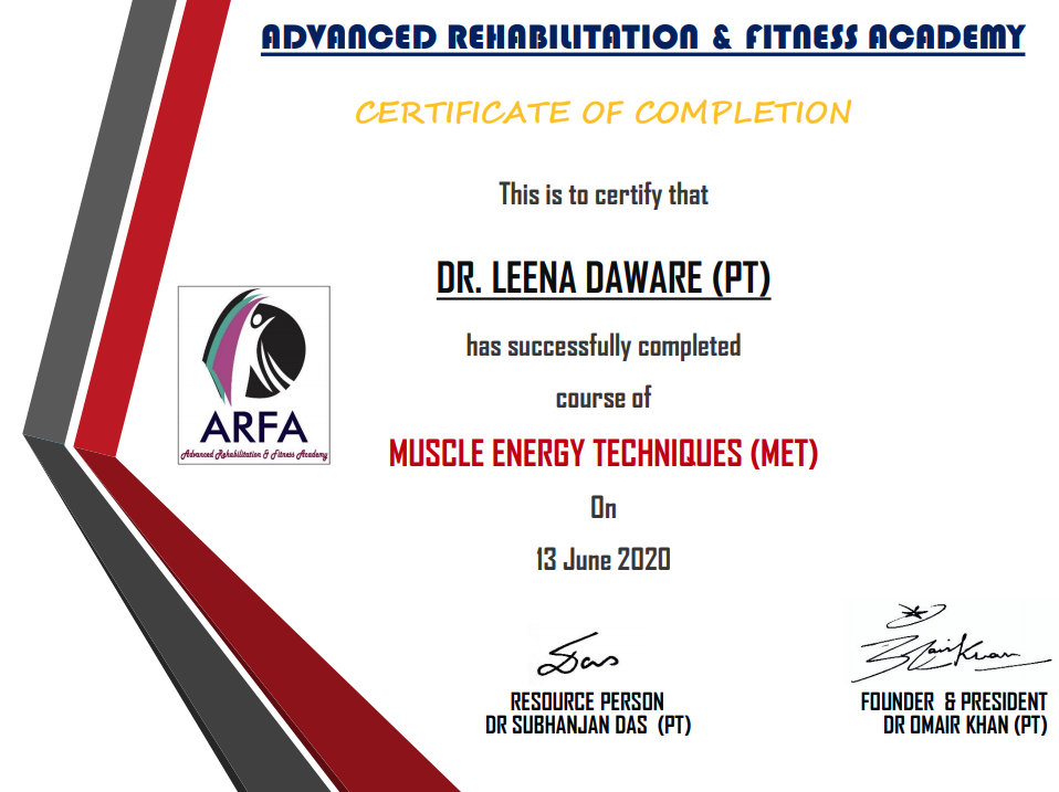 Certificate of Advance Rehabilitation & Fitness Academy - course of Muscle Energy Techniques